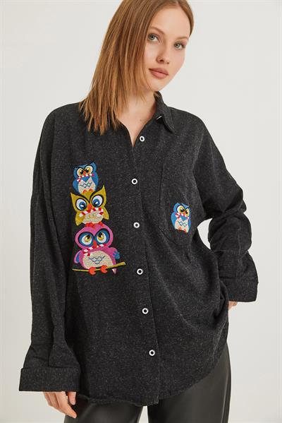 Baykuş Nakışlı Oversize Yün Gömlek Antrasit