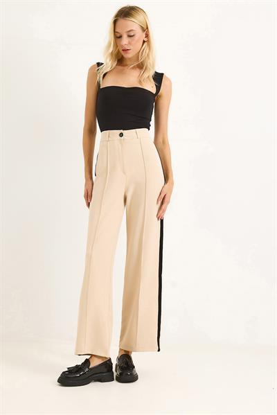 Yanları Şeritlik Bol Paça Kadın Pantolon Krem