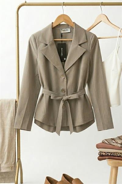 Kadın Kruvaze Yaka Düğmeli Belden Bağlamalı Ceket Haki