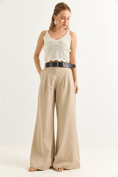 Keten Karışımlı Palazzo Pantolon Bej