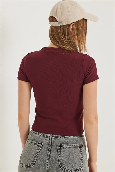 Nakışlı Kaşkorse  Crop Bluz Bordo