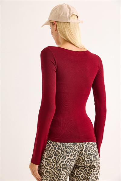 Geniş Yaka Rahat Uzun Kollu Bluz Bordo