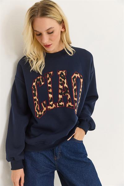 Kadın Üç İplik Leopar Baskılı Sweatshirt Lacivert