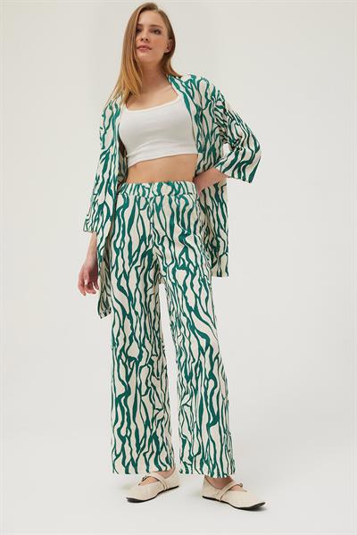 Kimono Pantolon Krinkıl Kadın İkili Takım Yeşil 