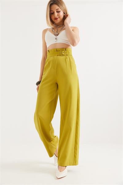 Yüksek Bel  Kemerli Bol Paça Pantolon Yeşil