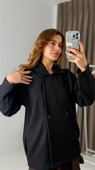 Kadın Kruvaze Yaka Cep Detaylı Kaşe Blazer Ceket Siyah