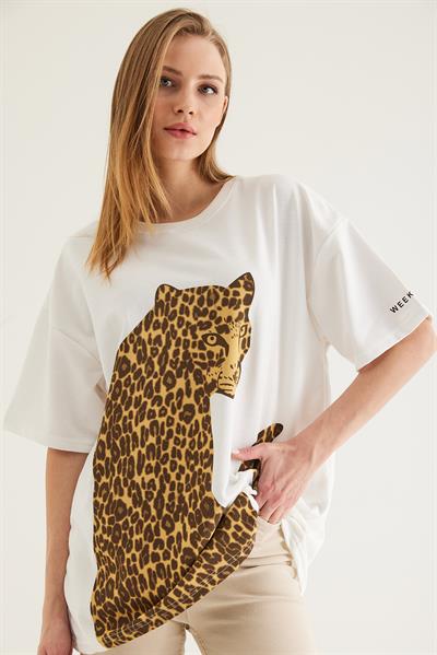 Baskılı Oversize Kısa Kol Tshirt Beyaz