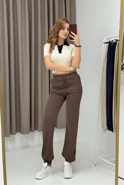 Kadın İki İplik Paçası Lastikli Eşofman Altı Kahverengi