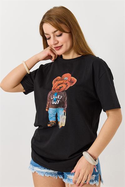 Ayıcık Baskılı Pamuklu Bisiklet Yaka Tshirt Siyah