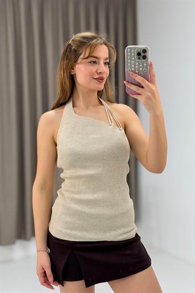 Tek Omuz Boyun Detaylı Triko Bluz Vizon