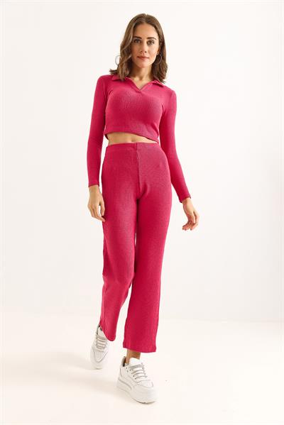 Kadın Polo Yaka İkili Fitilli Takım Pembe