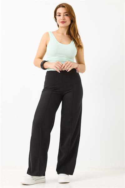 Yüksel Bel Dikiş Detaylı Spor ve Şık Likralı Örme Pantalon Siyah