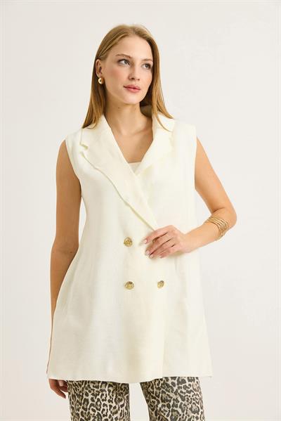 Kadın Düğmeli Oversize Triko Yelek Ekru 