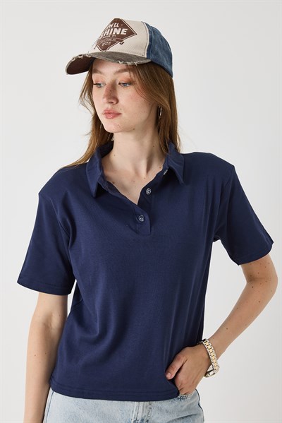 Kadın Vatkalı Polo Yaka Tshirt Lacivert