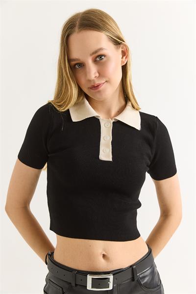 Polo Yaka Düğmeli Crop Bluz Siyah