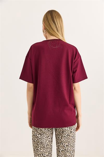 Baskılı Oversize Tshirt Bordo