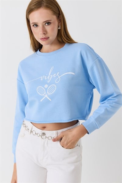 Kadın İki iplik Crop Sweatshirt Mavi
