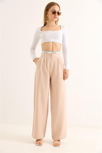 Geniş Paça Kemeri Garnili Palazzo Pantolon Vizon