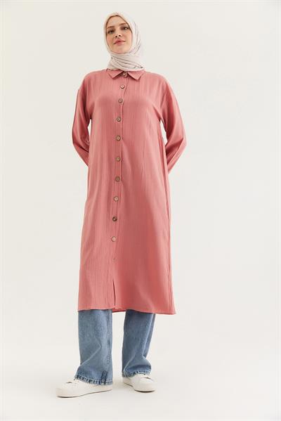 Keten Düğmeli Uzun Tesettür Tunik Gül Kurusu