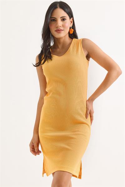 Sıfır Kol Kaşkorse Yırtmaçlı Midi Elbise Sarı