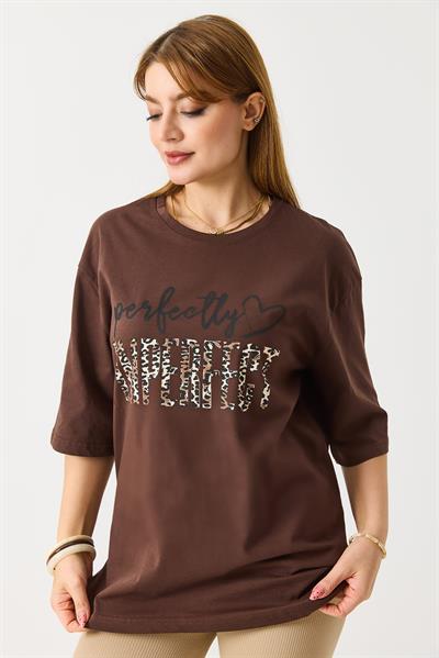 Kadın Bol Kesim Bisiklet Yaka Kısa Kol Tshirt Kahverengi