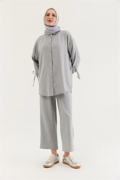 Kol Büzgülü Gömlek Pantolon İkili Takım Gri