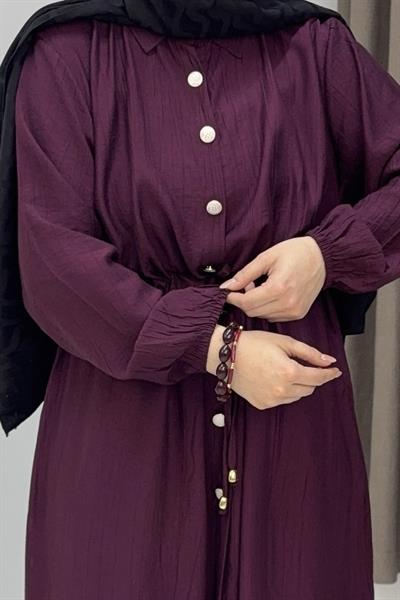 Kadın Beli Tünelli Düğmeli Uzun Tunikli İkili Takım Burgonya