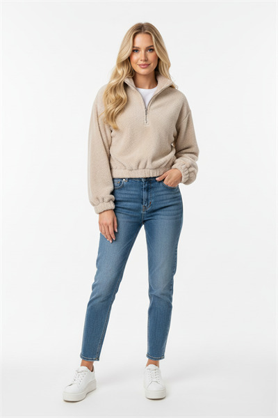 Kadın Yarım Fermuarlı Altı Büzgülü Bej Sweatshirt