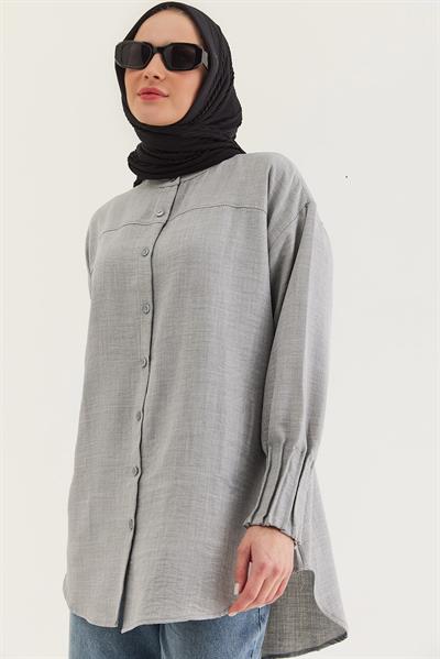 Keten Kumaş Kol Nervül Detaylı Gömlek Tunik Gri