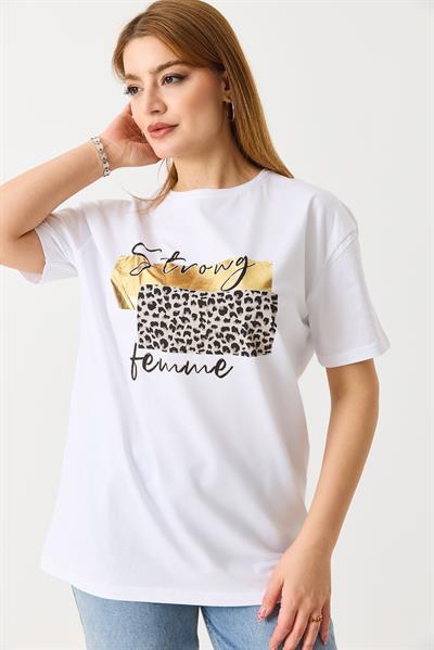 Kadın Bisiklet Yaka Baskılı Kısa Kol Tshirt Beyaz