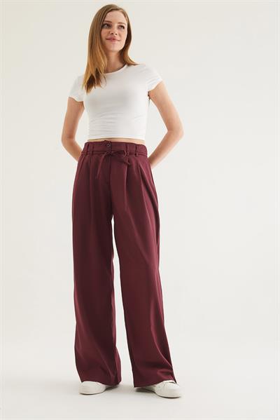Kendinden Kemerli Cepli Bol Pantolon Bordo