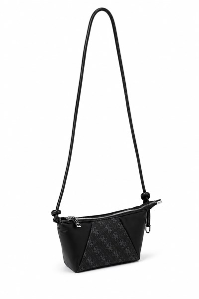 Kadın İnce Askılı Monogram Desenli Minimal Çanta Siyah