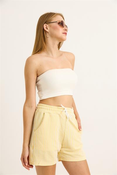 Çizgi Desenli Belden Bağlamalı Kadın Şort Sarı