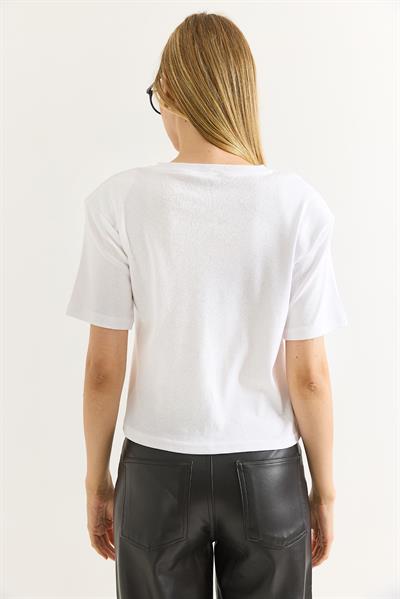 Vatkalı Bisiklet Yaka Basic Tshirt Beyaz