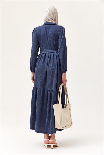 Yarım Düğmeli Beli Kuşaklı Elbise Lacivert