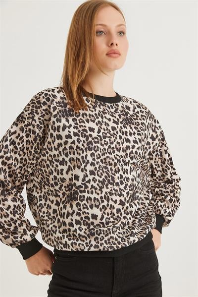  Leopar Desenli Oversize İki İplik Sweat Leopar