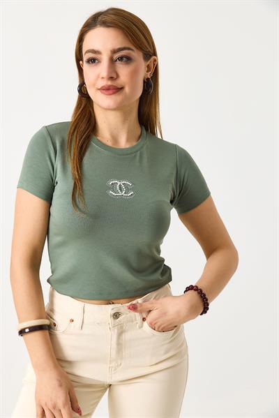 Kadın İncili Bisiklet Yaka Crop Bluz Yeşil