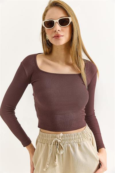 Kadın Fitilli Kare Yaka Uzun Kollu Bluz