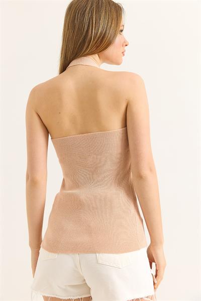 Tek Omuz Boyun Detaylı Triko Bluz Pudra