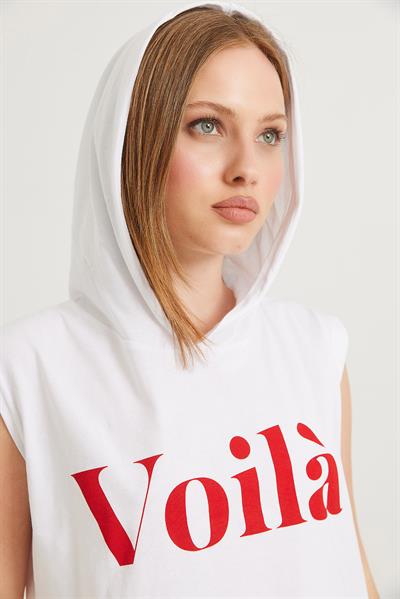 Kapüşonlu Sıfır Kol Baskılı Tshirt Beyaz