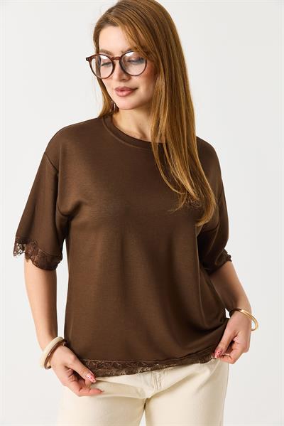Kadın Kolları Ve Eteği Dantel Detaylı  Düz Modal Tshirt Kahverengi