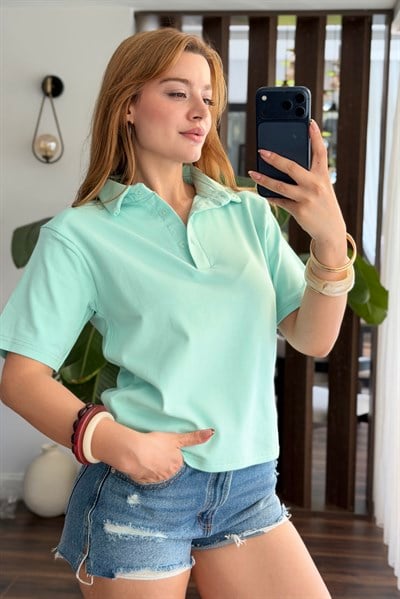 Kadın Vatkalı Polo Yaka Tshirt Yeşil