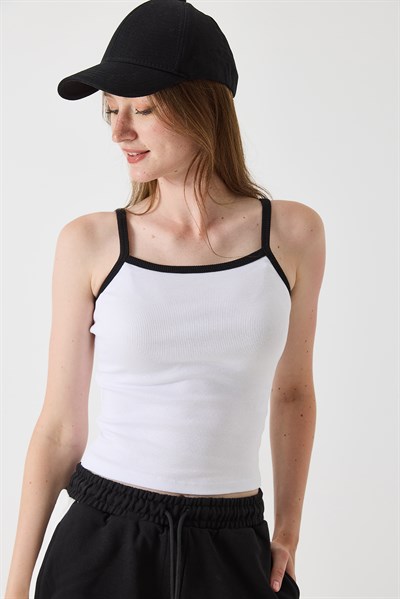 Kadın Askılı Kaşkorse Crop Bluz Beyaz