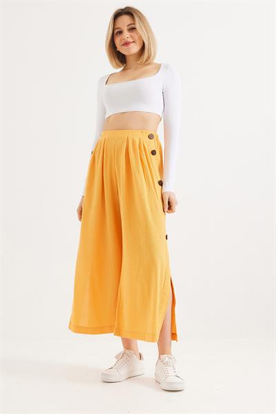 Yanları  Düğmeli  Bol Kesim Keten Pantolon  Hardal