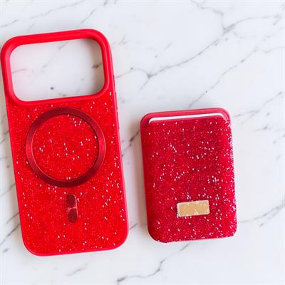 İphone 17 ProUyumlu Parlak ve Taşlı Kart Bölümlü Kılıf  Kırmızı
