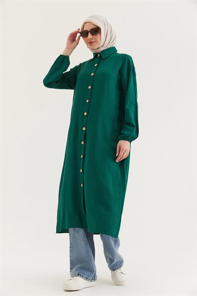 Keten Düğmeli Uzun Tesettür Tunik Yeşil