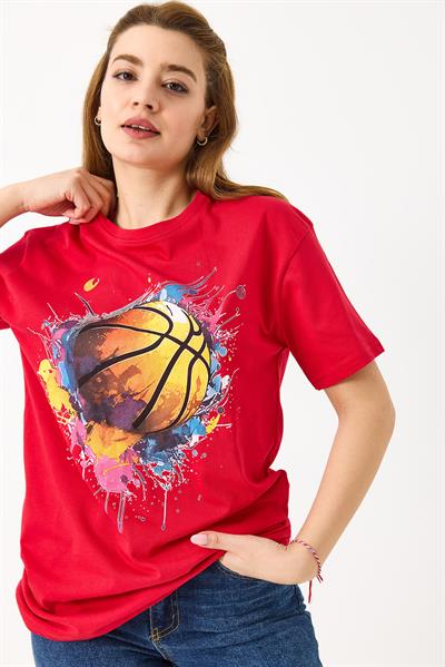 Kadın Basketbol Grafik Baskılı Günlük Tshirt  Kırmızı
