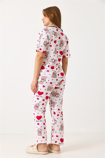 Kadın Ayıcık Baskılı Pijama Takımı Beyaz