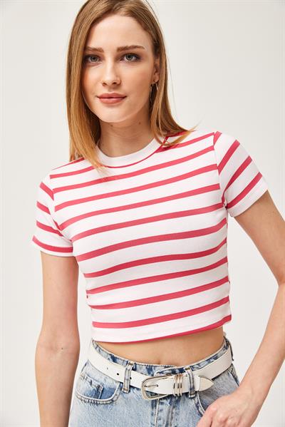 Çizgili Bisiklet Yaka Crop Bluz Pembe