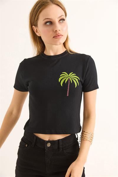 Bisiklet Yaka Kısa Kol Crop Bluz Siyah